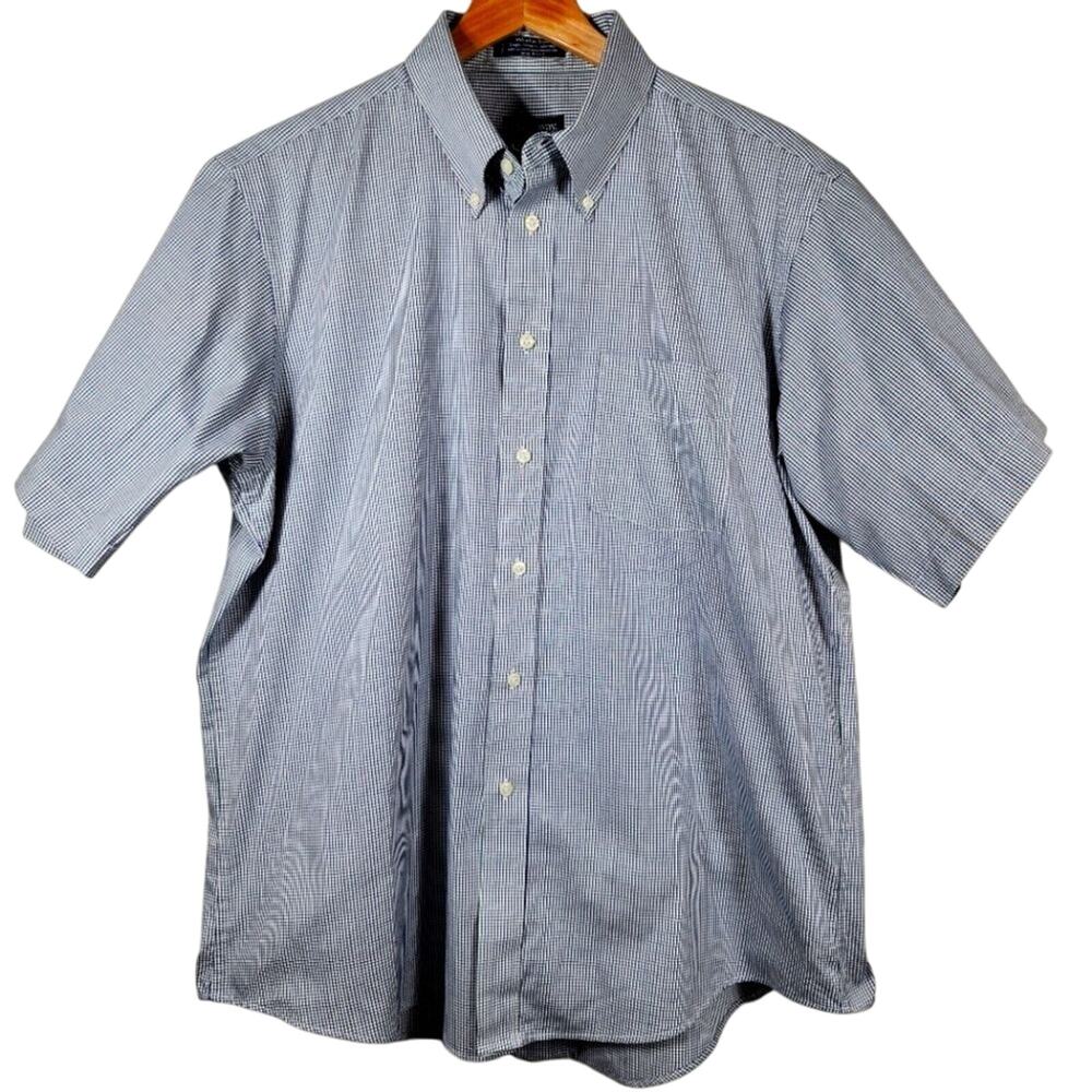 Hathaway Men's Wrinkle Free Short Sleeve Navy Plaid Button Up Shirt Size 17-35